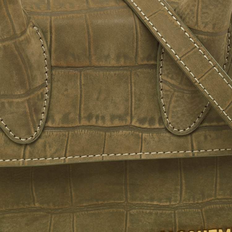 Pre Owned Jacquemus Green Croc Embossed Nubuck Leather Le Chiquito Moyen Top Handle Bag