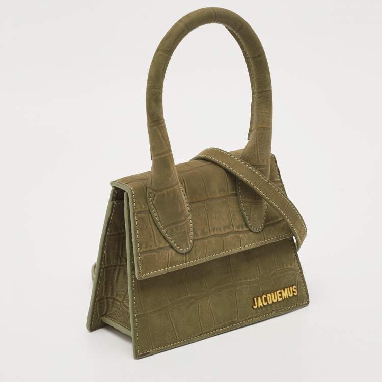 Pre Owned Jacquemus Green Croc Embossed Nubuck Leather Le Chiquito Moyen Top Handle Bag