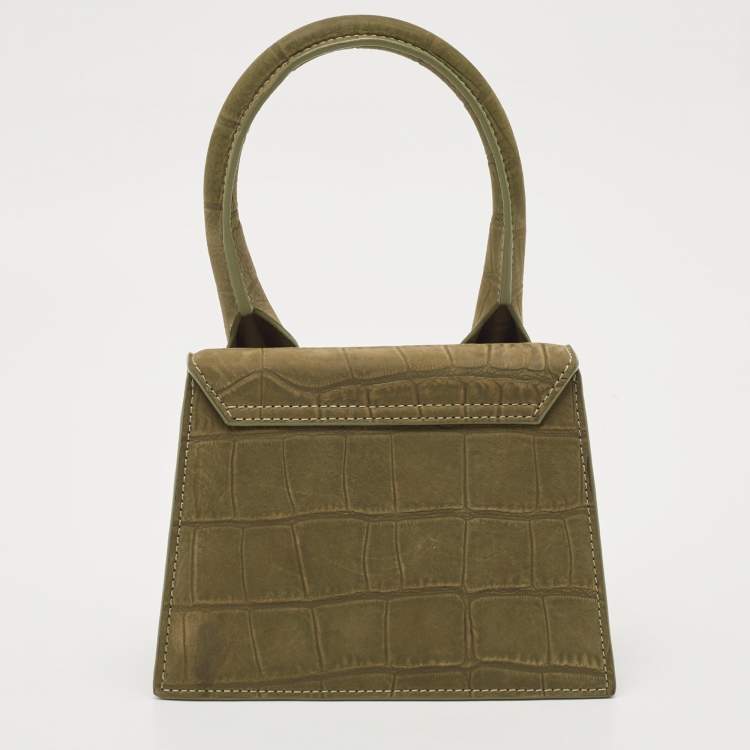 Pre Owned Jacquemus Green Croc Embossed Nubuck Leather Le Chiquito Moyen Top Handle Bag