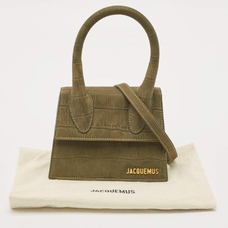 Pre Owned Jacquemus Green Croc Embossed Nubuck Leather Le Chiquito Moyen Top Handle Bag