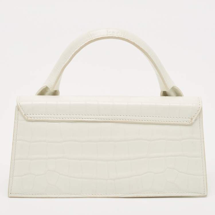 Pre Owned Jacquemus White Croc Embossed Leather Long Le Chiquito Top Handle Bag