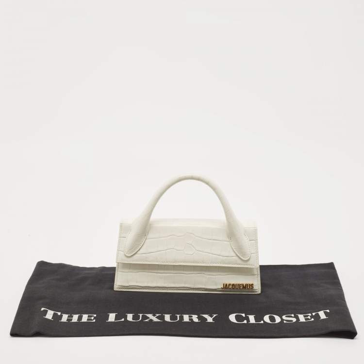 Pre Owned Jacquemus White Croc Embossed Leather Long Le Chiquito Top Handle Bag