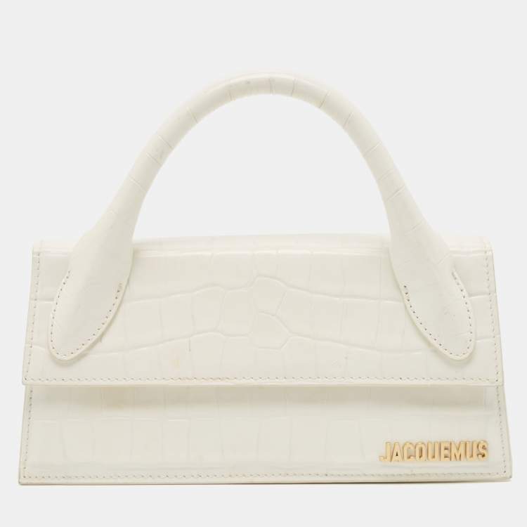 Pre Owned Jacquemus White Croc Embossed Leather Long Le Chiquito Top Handle Bag