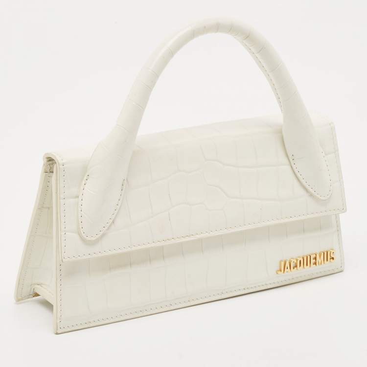 Pre Owned Jacquemus White Croc Embossed Leather Long Le Chiquito Top Handle Bag
