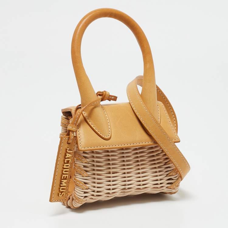 Pre Owned Jacquemus Mustard/Cream Rattan and Leather Mini Wicker Le Chiquito Top Handle Bag