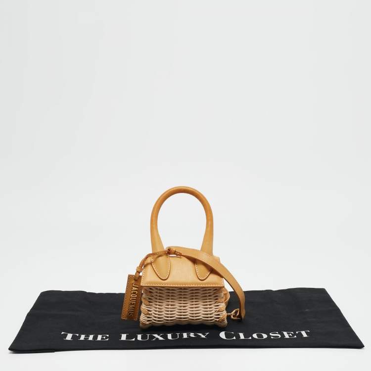 Pre Owned Jacquemus Mustard/Cream Rattan and Leather Mini Wicker Le Chiquito Top Handle Bag