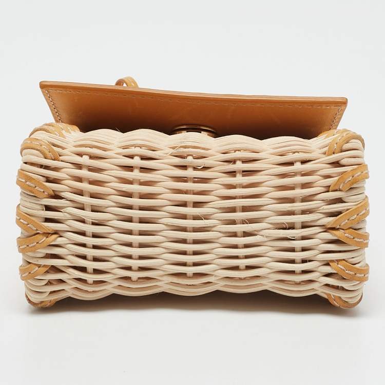 Pre Owned Jacquemus Mustard/Cream Rattan and Leather Mini Wicker Le Chiquito Top Handle Bag