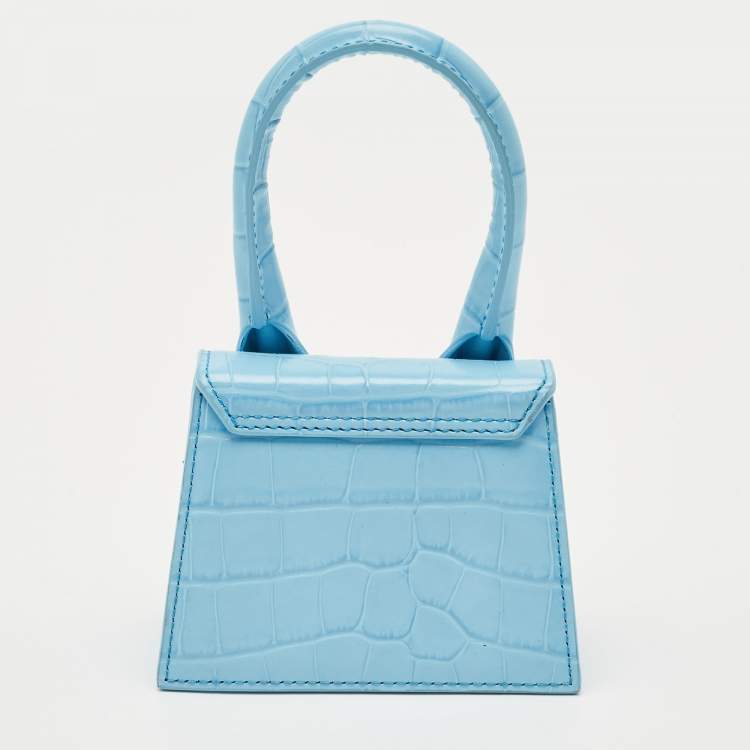 Pre Owned Jacquemus Light Blue Croc Embossed Leather Mini Le Chiquito Top Handle Bag