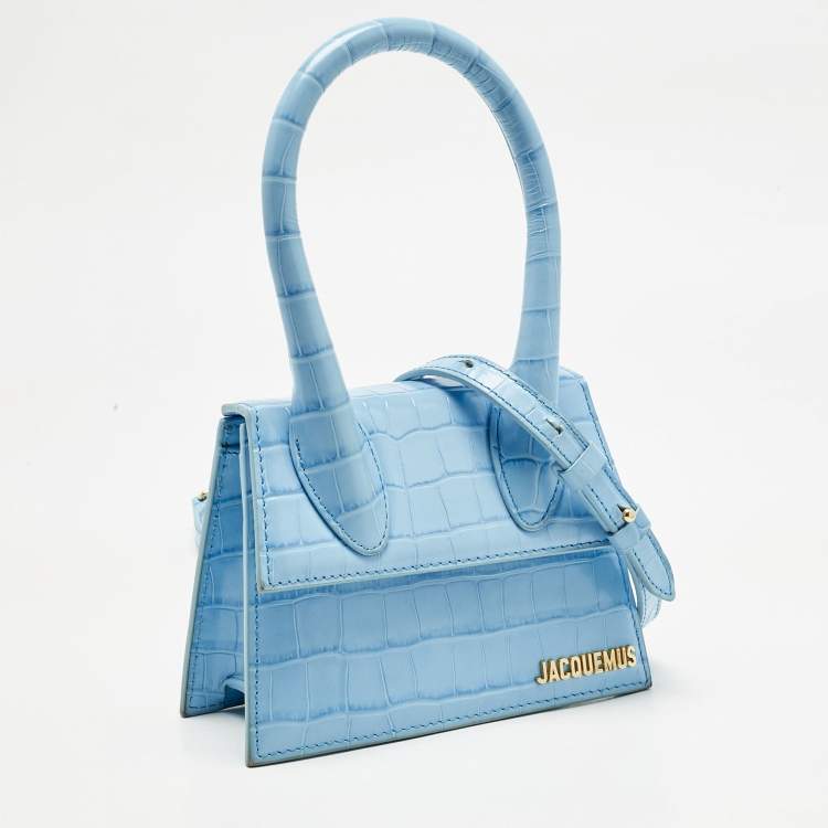 Pre Owned Jacquemus Light Blue Croc Embossed Le Chiquito Moyen Top Handle Bag