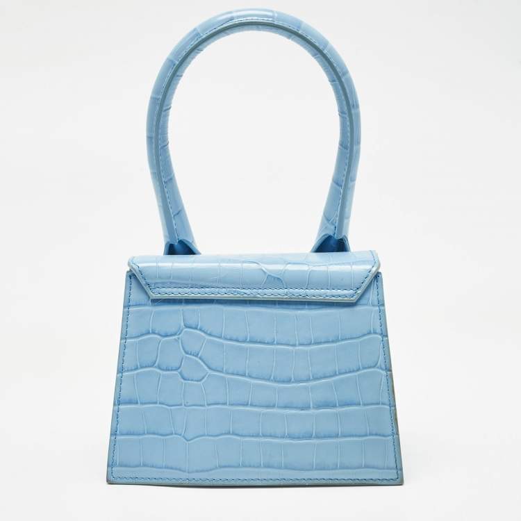 Pre Owned Jacquemus Light Blue Croc Embossed Le Chiquito Moyen Top Handle Bag