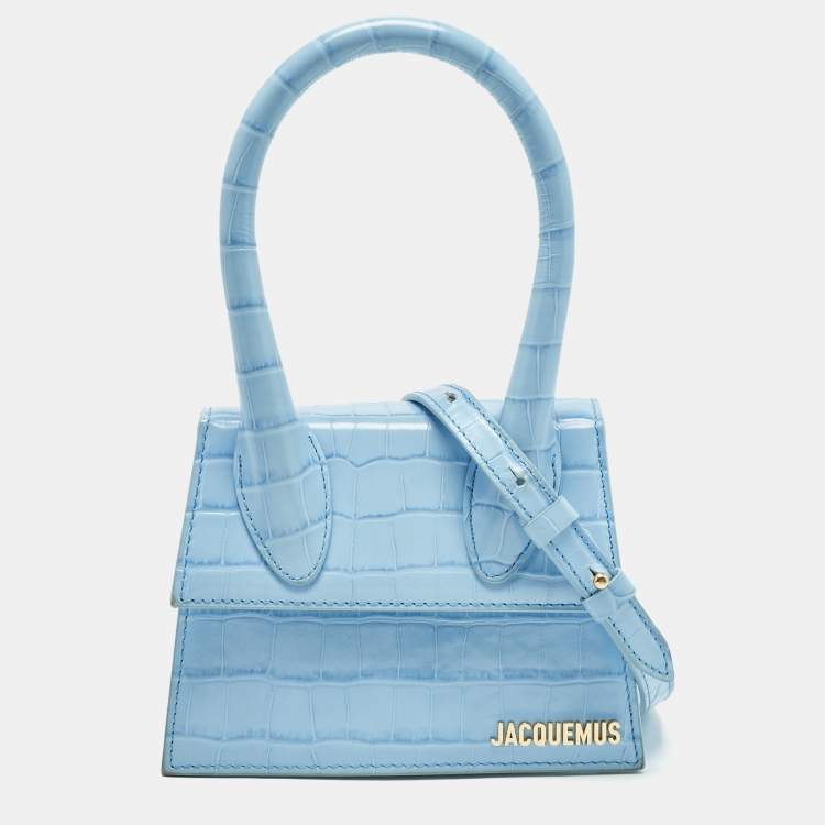 Pre Owned Jacquemus Light Blue Croc Embossed Le Chiquito Moyen Top Handle Bag