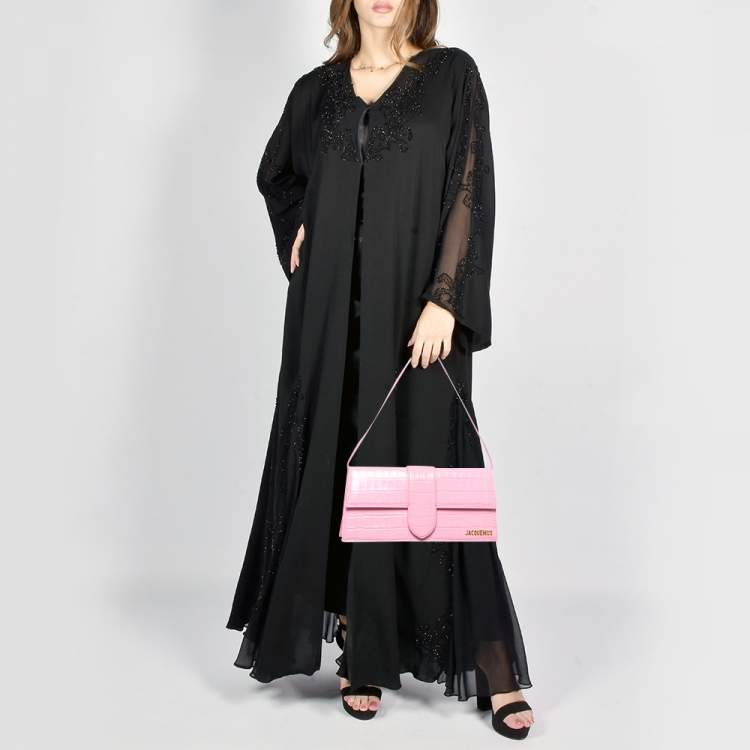 Pre Owned Jacquemus Pink Croc Embossed Leather Le Bambino Long Shoulder Bag
