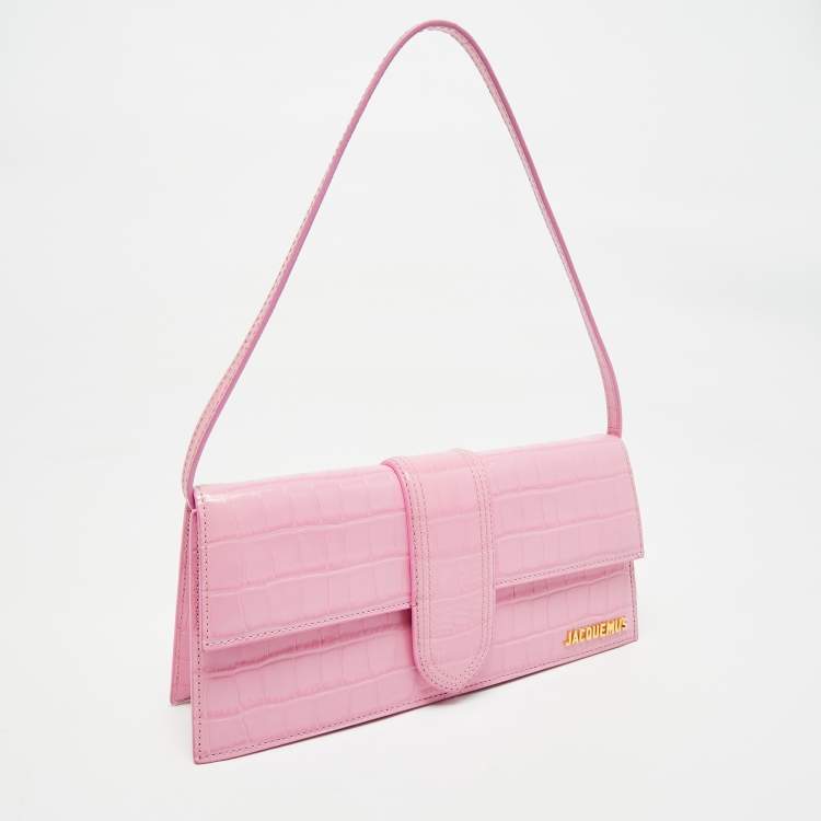 Pre Owned Jacquemus Pink Croc Embossed Leather Le Bambino Long Shoulder Bag