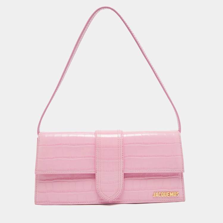 Pre Owned Jacquemus Pink Croc Embossed Leather Le Bambino Long Shoulder Bag