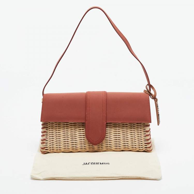 Pre Owned Jacquemus Brick Brown/Cream Nubuck Leather and Wicker Le Bambino Long Bag