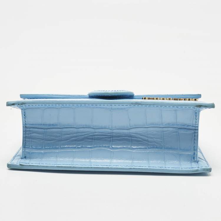 Pre Owned Jacquemus Light Blue Croc Embossed Leather Mini Le Bambino Top Handle Bag.