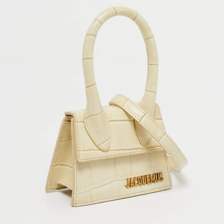 Pre Owned Jacquemus Cream Croc Embossed Leather Mini Le Chiquito Bag