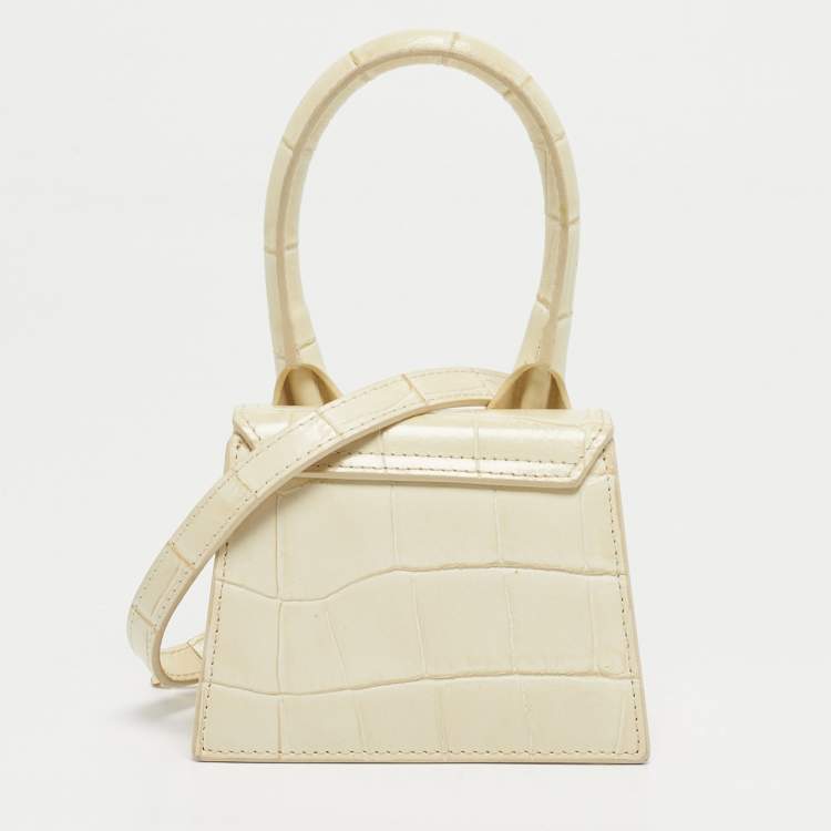 Pre Owned Jacquemus Cream Croc Embossed Leather Mini Le Chiquito Bag