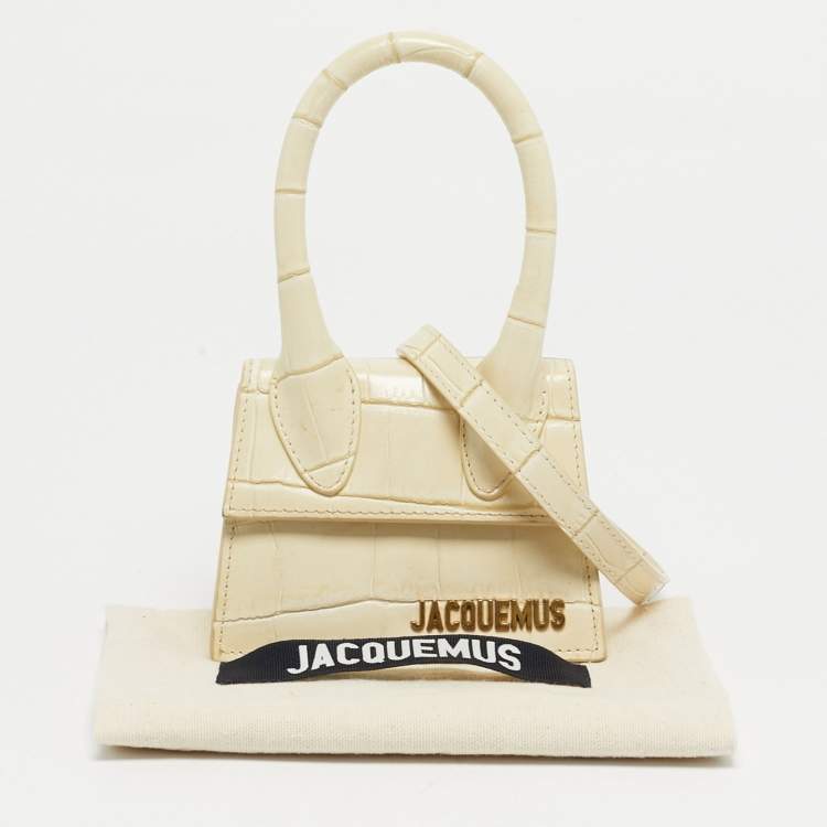 Pre Owned Jacquemus Cream Croc Embossed Leather Mini Le Chiquito Bag
