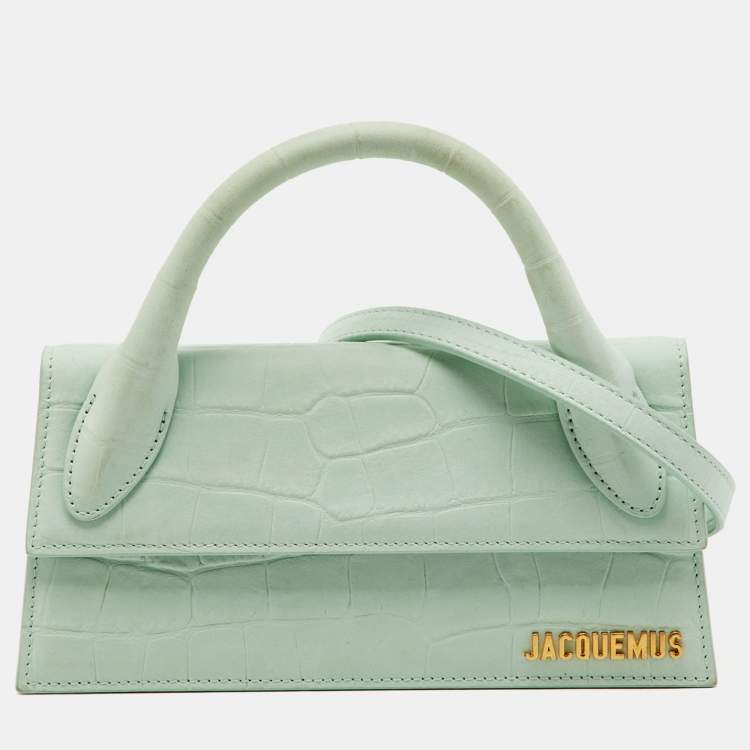 Pre Owned Jacquemus Light Green Croc Embossed Nubuck Leather Long Le Chiquito Top Handle Bag