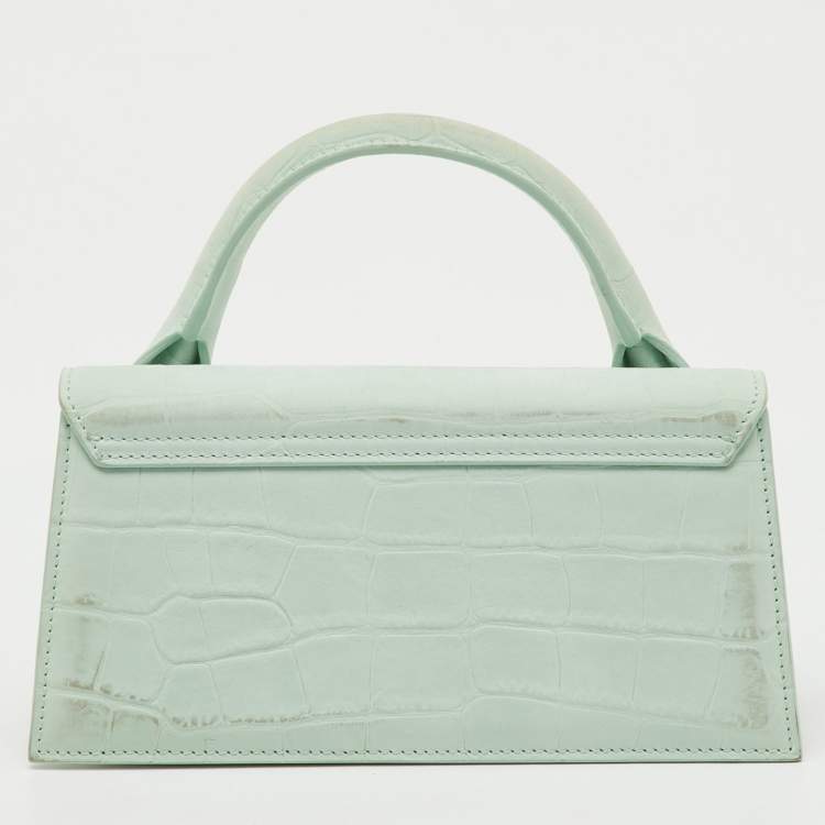 Pre Owned Jacquemus Light Green Croc Embossed Nubuck Leather Long Le Chiquito Top Handle Bag