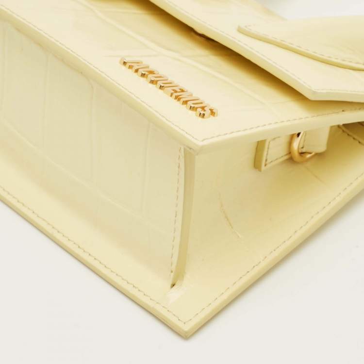 Pre Owned Jacquemus Yellow Croc Embossed Patent Leather Le Chiquito Moyen Boucle Top Handle Bag