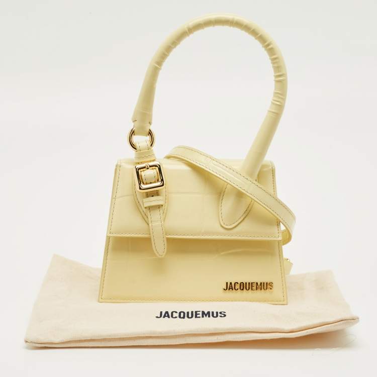 Pre Owned Jacquemus Yellow Croc Embossed Patent Leather Le Chiquito Moyen Boucle Top Handle Bag