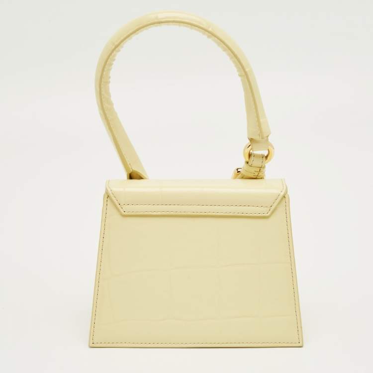 Pre Owned Jacquemus Yellow Croc Embossed Patent Leather Le Chiquito Moyen Boucle Top Handle Bag