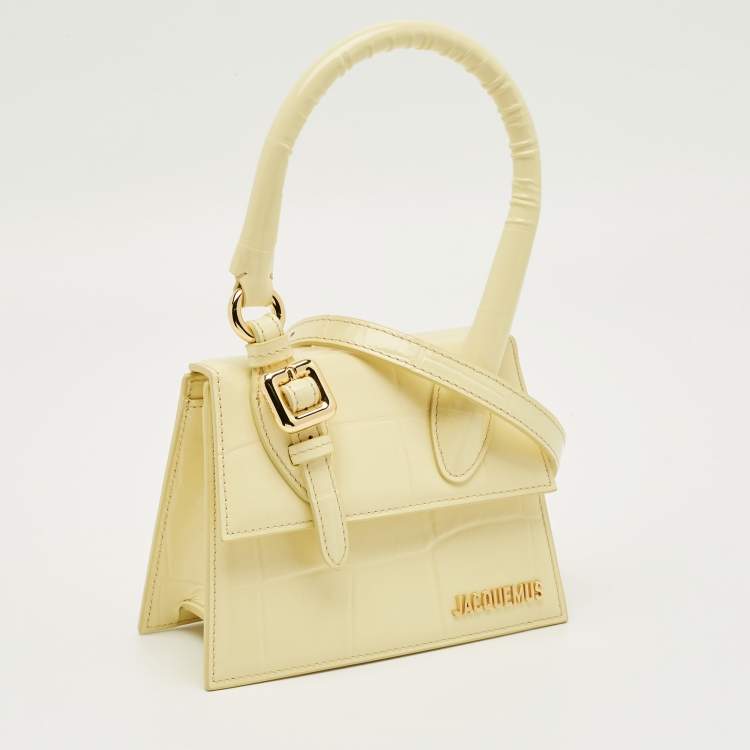 Pre Owned Jacquemus Yellow Croc Embossed Patent Leather Le Chiquito Moyen Boucle Top Handle Bag