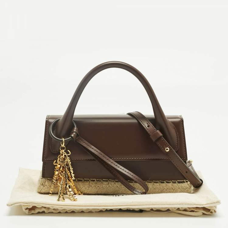 Pre Owned Jacquemus Dark Brown Leather and Jute Le Chiquito Long Cordao Top Handle Bag