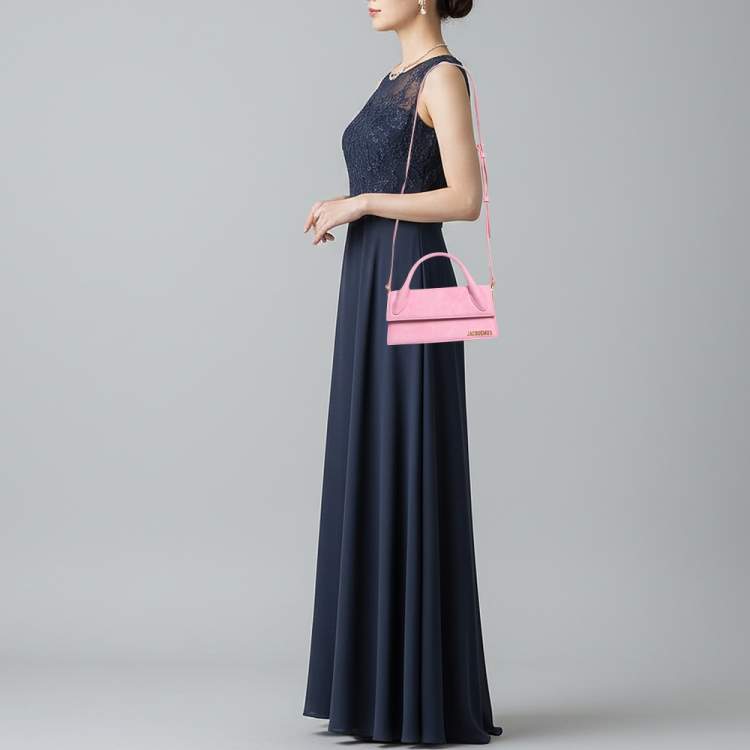 Pre Owned Jacquemus Le Chiquito Long Pink Croc Embossed Nubuck Leather Top Handle Bag