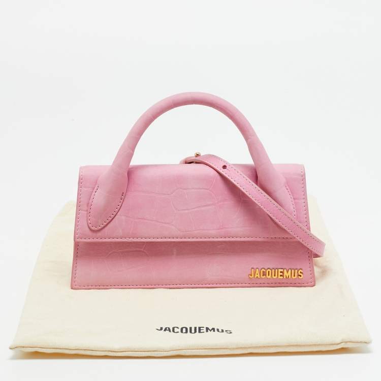 Pre Owned Jacquemus Le Chiquito Long Pink Croc Embossed Nubuck Leather Top Handle Bag