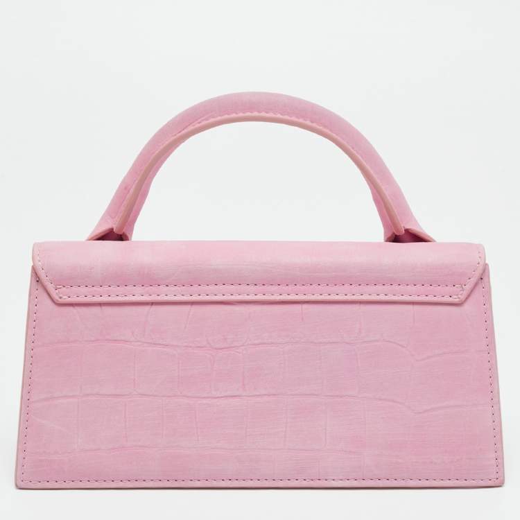 Pre Owned Jacquemus Le Chiquito Long Pink Croc Embossed Nubuck Leather Top Handle Bag