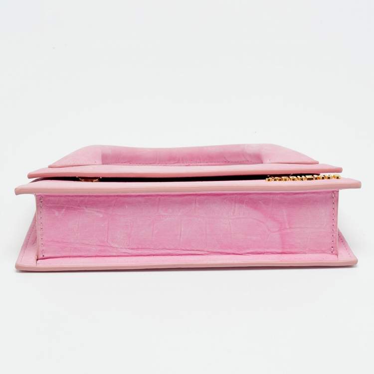 Pre Owned Jacquemus Le Chiquito Long Pink Croc Embossed Nubuck Leather Top Handle Bag