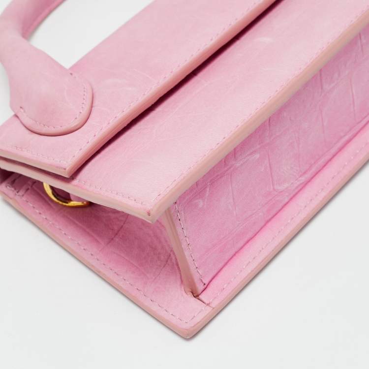 Pre Owned Jacquemus Le Chiquito Long Pink Croc Embossed Nubuck Leather Top Handle Bag