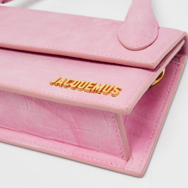 Pre Owned Jacquemus Le Chiquito Long Pink Croc Embossed Nubuck Leather Top Handle Bag