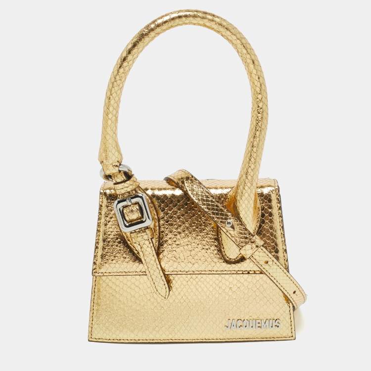 مملوكة مسبقًا Jacquemus Le Chiquito Moyen Boucle Gold Snakeskin Embossed Patent Leather Top Handle Bag