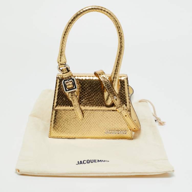مملوكة مسبقًا Jacquemus Le Chiquito Moyen Boucle Gold Snakeskin Embossed Patent Leather Top Handle Bag