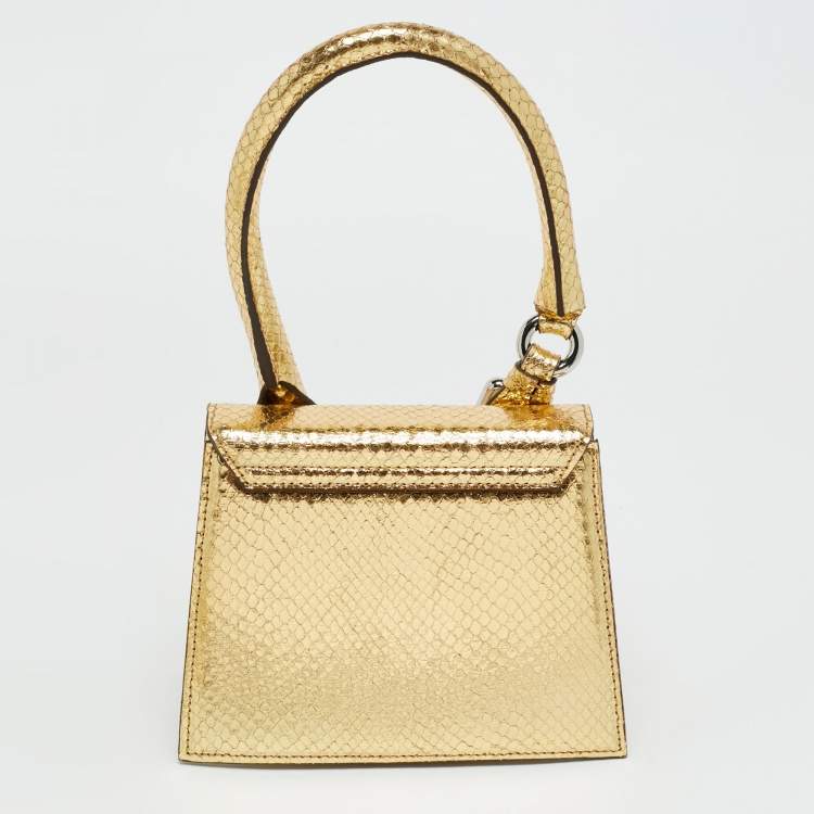 مملوكة مسبقًا Jacquemus Le Chiquito Moyen Boucle Gold Snakeskin Embossed Patent Leather Top Handle Bag