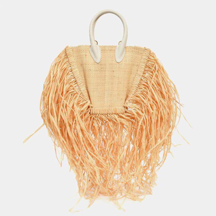Pre Owned Jacquemus Raffia Le Petit Baci Fringe Top Handle Bag with Strap