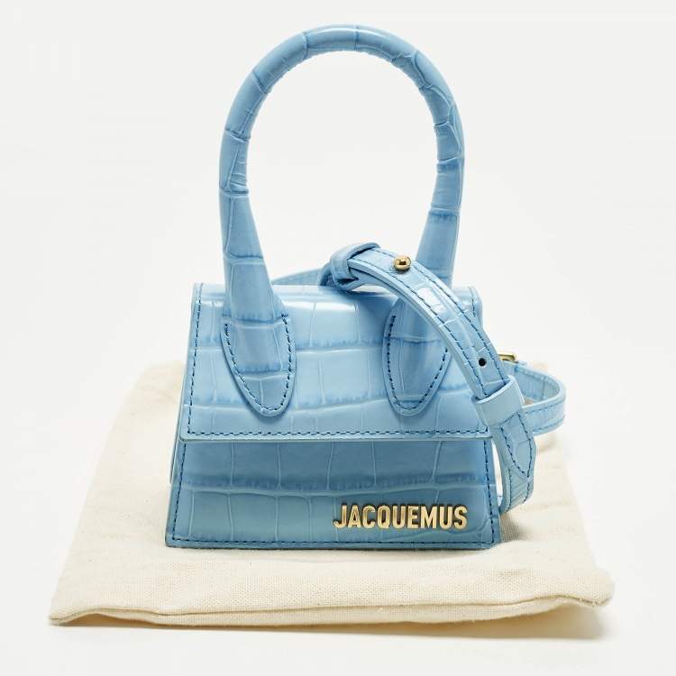 Pre Owned Jacquemus Le Chiquito Mini Light Blue Croc Embossed Leather Top Handle Bag