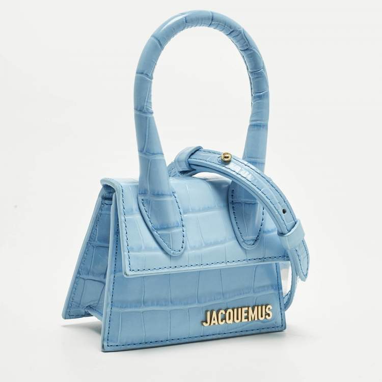 Pre Owned Jacquemus Le Chiquito Mini Light Blue Croc Embossed Leather Top Handle Bag