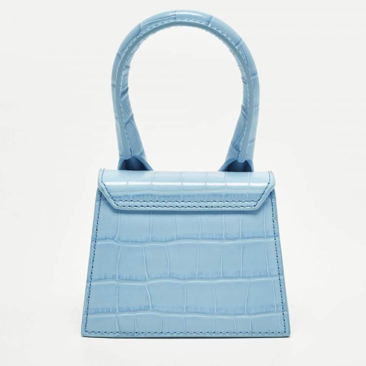 Pre Owned Jacquemus Le Chiquito Mini Light Blue Croc Embossed Leather Top Handle Bag