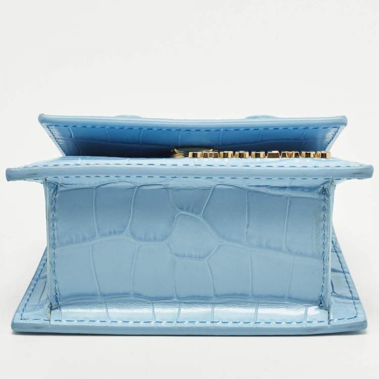 Pre Owned Jacquemus Le Chiquito Mini Light Blue Croc Embossed Leather Top Handle Bag
