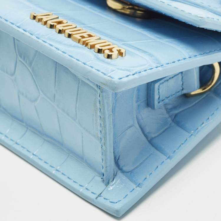 Pre Owned Jacquemus Le Chiquito Mini Light Blue Croc Embossed Leather Top Handle Bag