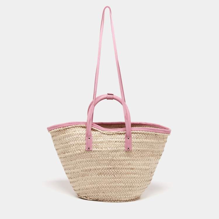 Pre Owned Jacquemus Pink/Cream Raffia and Nubuck Leather Le Panier Soleil Basket Tote