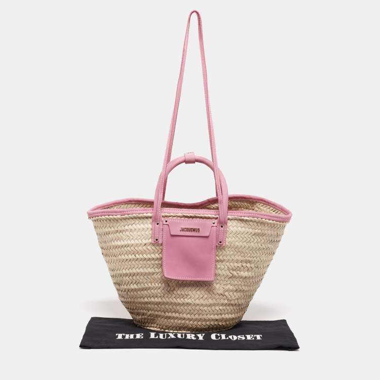Pre Owned Jacquemus Pink/Cream Raffia and Nubuck Leather Le Panier Soleil Basket Tote