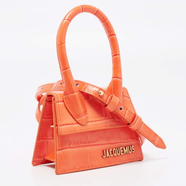 Pre Owned Jacquemus Orange Croc Embossed Leather Le Chiquito Top Handle Bag
