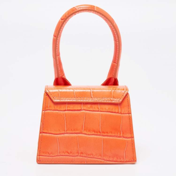 Pre Owned Jacquemus Orange Croc Embossed Leather Le Chiquito Top Handle Bag