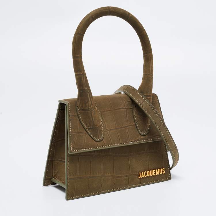 Pre Owned Jacquemus Khaki Green Croc Embossed Nubuck Leather Moyen Le Chiquito Top Handle Bag